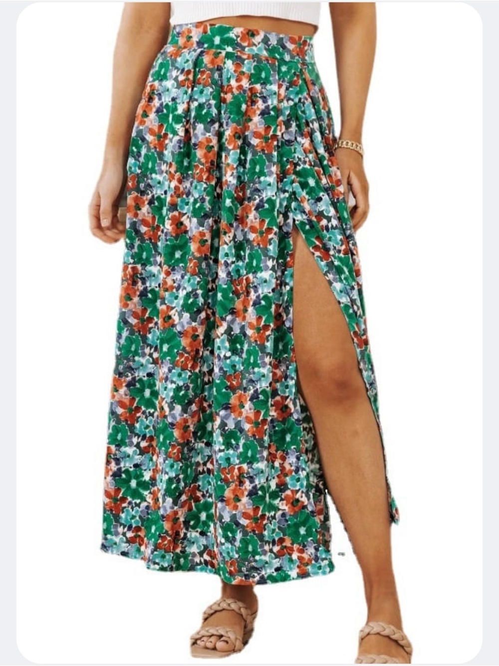 Floral Maxi Skirt Green Orange Botanical Print A-Line Side Slit